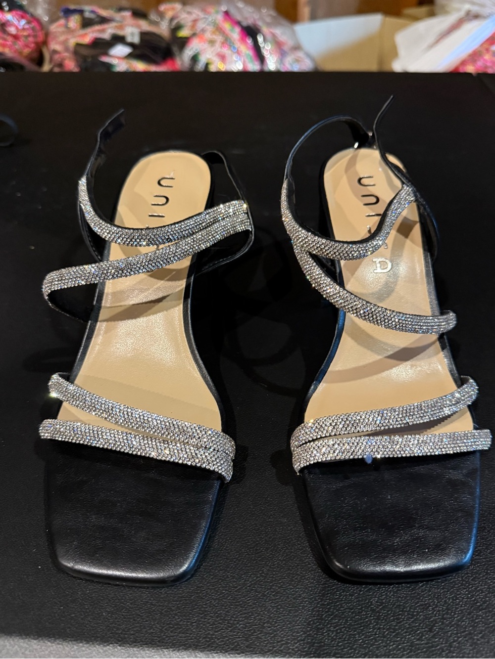 Unisa Black Heeled Sandals with Silver Crystal Straps